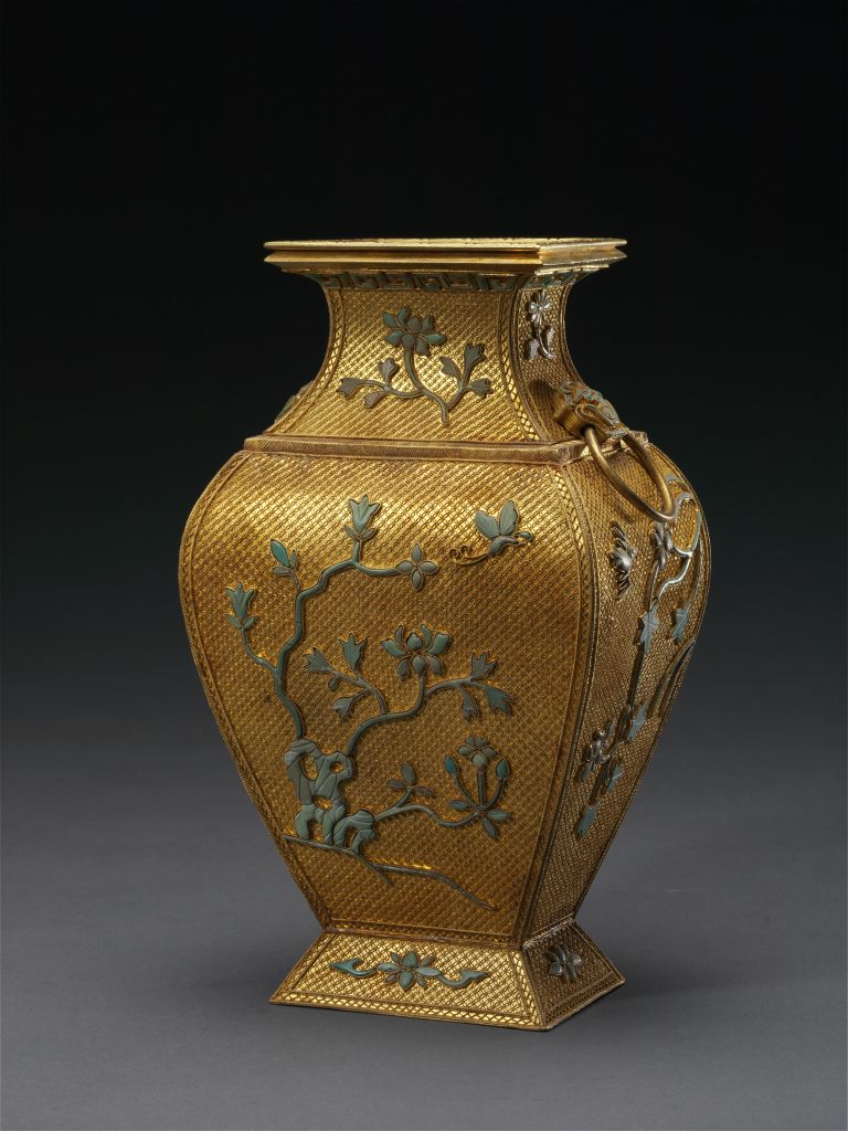 图片[1]-Gold inlaid turquoise flat square bottle with two ears-China Archive